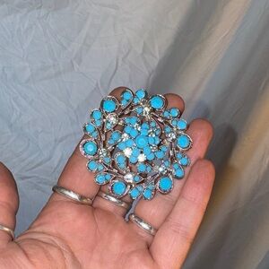Elegant Silver and Turquoise Floral Brooch